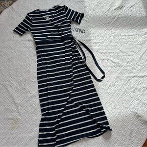 NWT Navy White Striped Maxi Wrap Dress Coastal Nautical Summer Vacation
